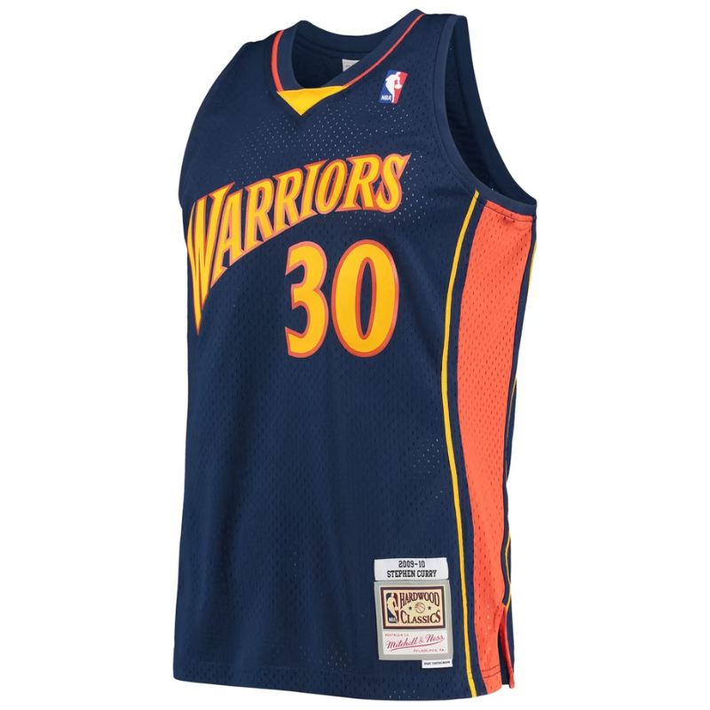 Golden State Warriors Hardwood Classics Navy Blue & Orange Basketball Jersey (Curry)
