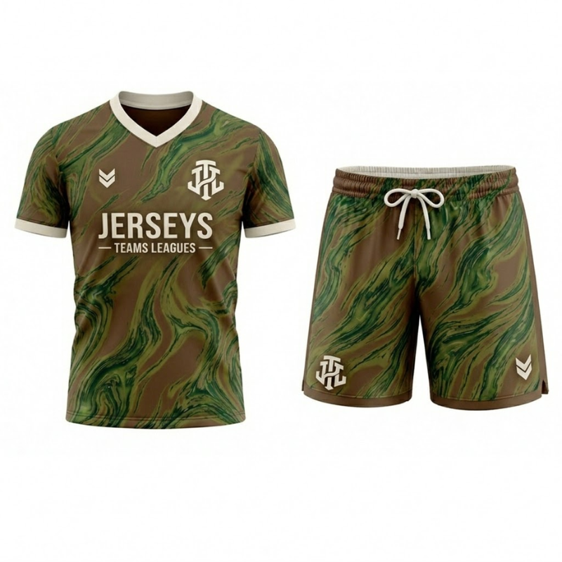 JerseysTeamsLeagues Brown & Green Marble Performance Football Kit – Premium Soccer Jersey and Shorts Set
