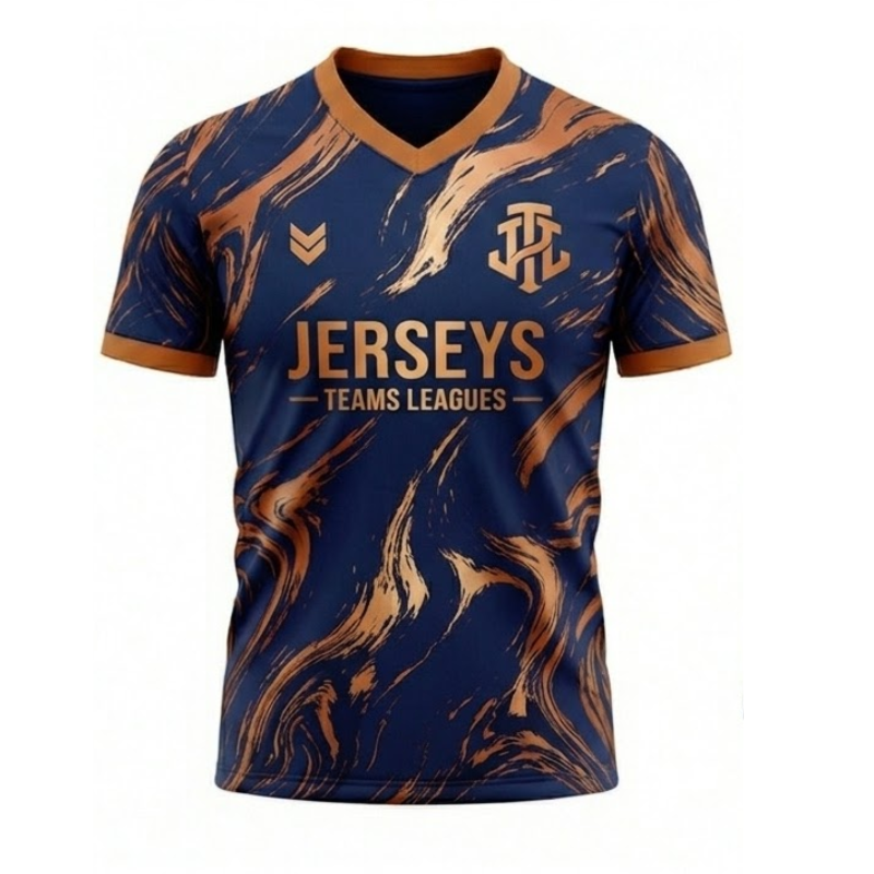 JerseysTeamsLeagues Premium Navy & Copper-Gold Marble Performance Football Kit – Soccer Jersey and Shorts Set