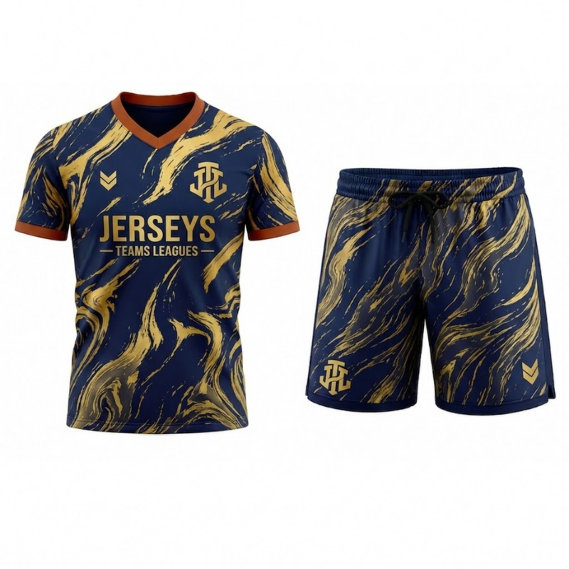 JerseysTeamsLeagues Premium Navy & Gold Marble Performance Football Kit – Soccer Jersey and Shorts Set