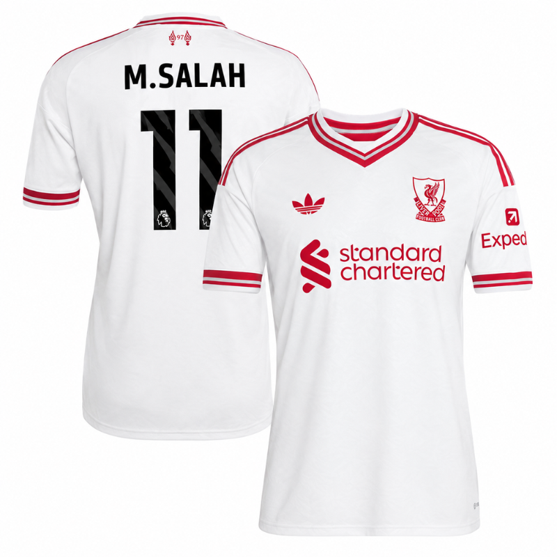 Liverpool Style White & Red Striped V-Neck Soccer Jersey (Salah)