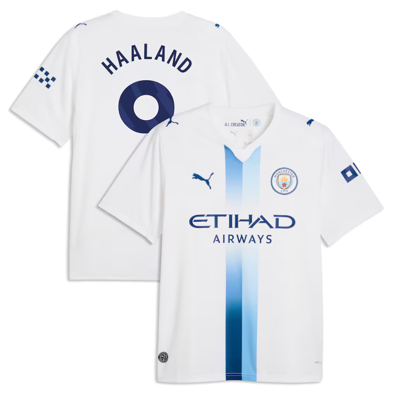 Manchester Style White & Gradient Blue Soccer Jersey (Haaland)