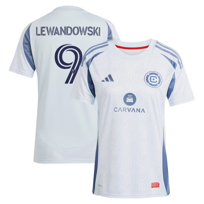 Men's Premium White and Light Blue Geometric Football Shirt – Slim Fit Pro-Style Matchday Performance Top (Lewandowski)