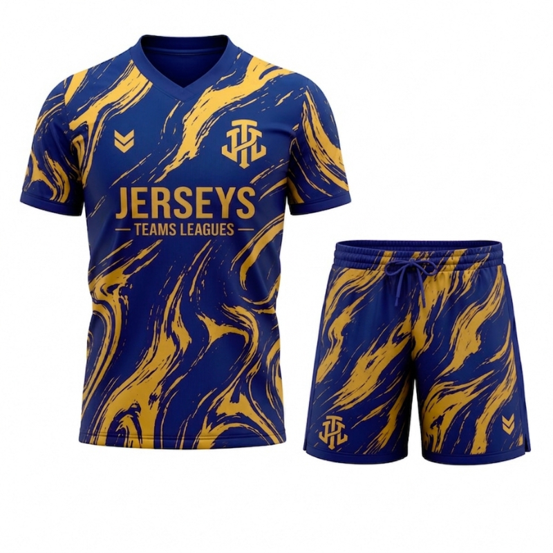 Premium Blue & Gold Marble Performance Football Kit – Soccer Jersey and Shorts Set