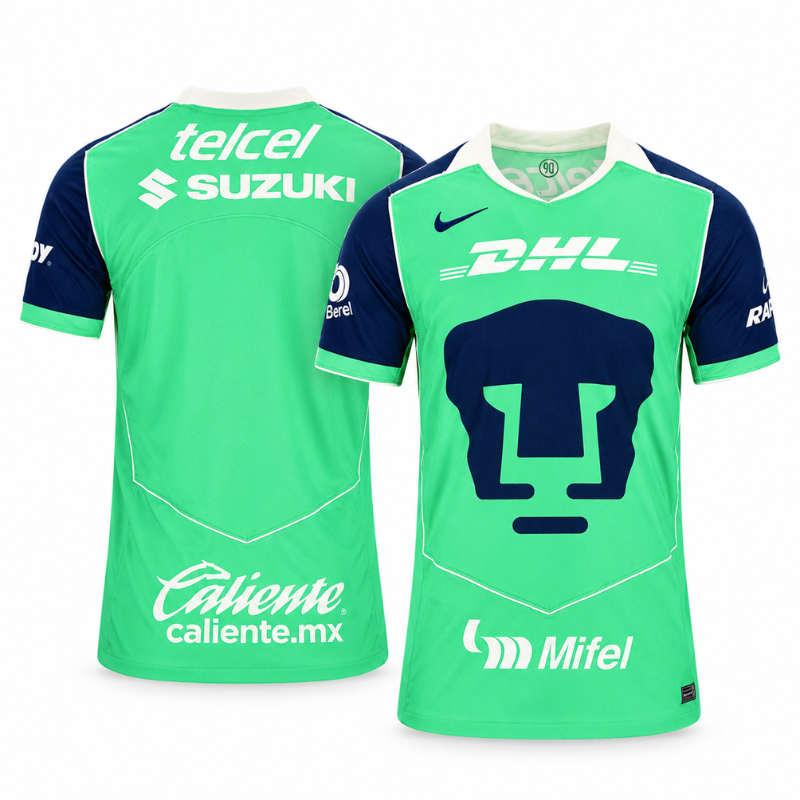 Pumas UNAM Green & Navy Soccer Jersey 25/26 Third Jersey (Green Shock/Blue Void/White)